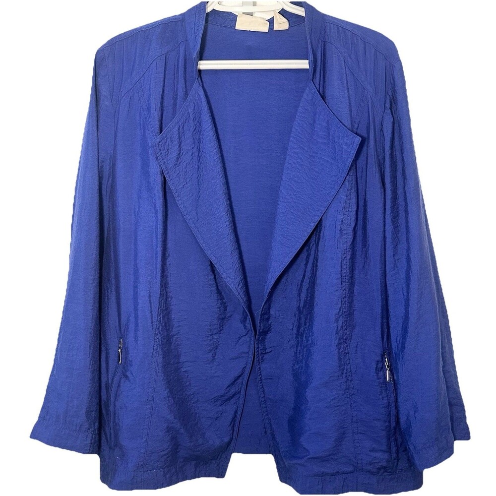 Chico’s Blue Crinkle Travel Jacket Womens Size XL Draped Open Front Zip Pocket